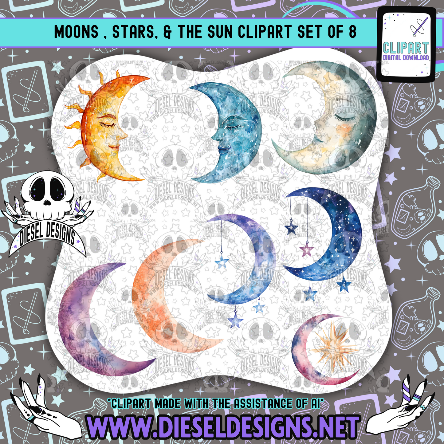 Moons, Stars & The Sun  Clipart & Elements Set of 8 | 300 DPI | Transparent PNG | Clipart & Elements |