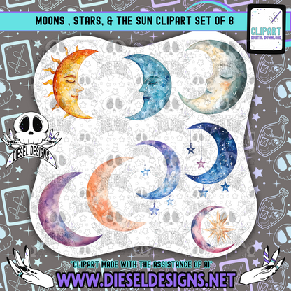Moons, Stars & The Sun  Clipart & Elements Set of 8 | 300 DPI | Transparent PNG | Clipart & Elements |