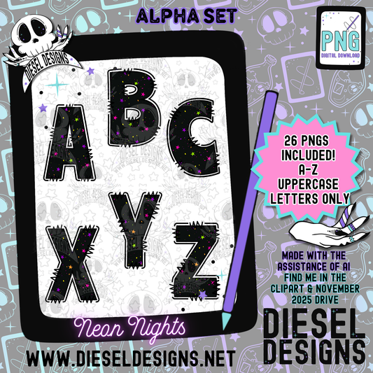 Neon Nights Alpha Set Set | 300 DPI | Transparent PNG | Alpha Set | A-Z Included | Uppercase