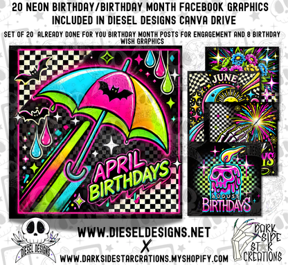 20 Neon Birthday Month / Birthday Wishes Social Media Graphics | Facebook Posts | Social Media | Digital Files | PNG