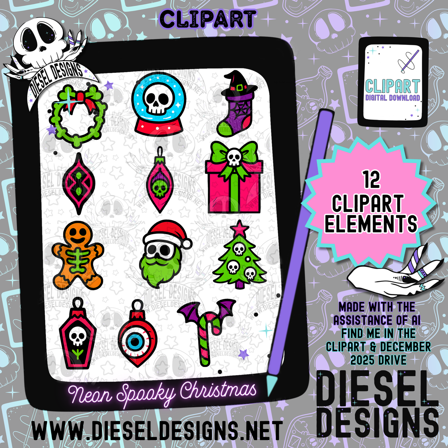 Neon Spooky Christmas Clipart & Elements Set | 300 DPI | Transparent PNG | Clipart & Elements |