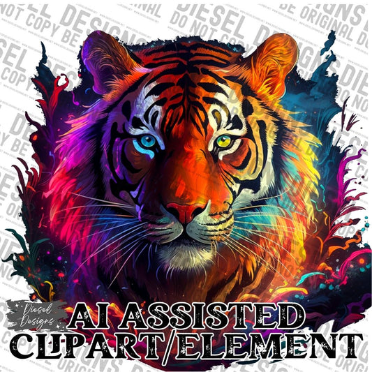 Neon Tiger Clipart- AI Assisted | 300 DPI | Transparent PNG |