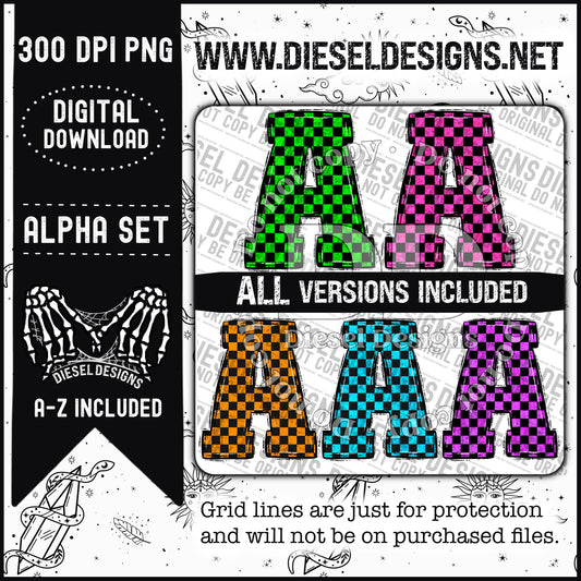 Neon Checkered Alpha | 300 DPI | Transparent PNG | Alpha Set | A-Z & O-9 Included |