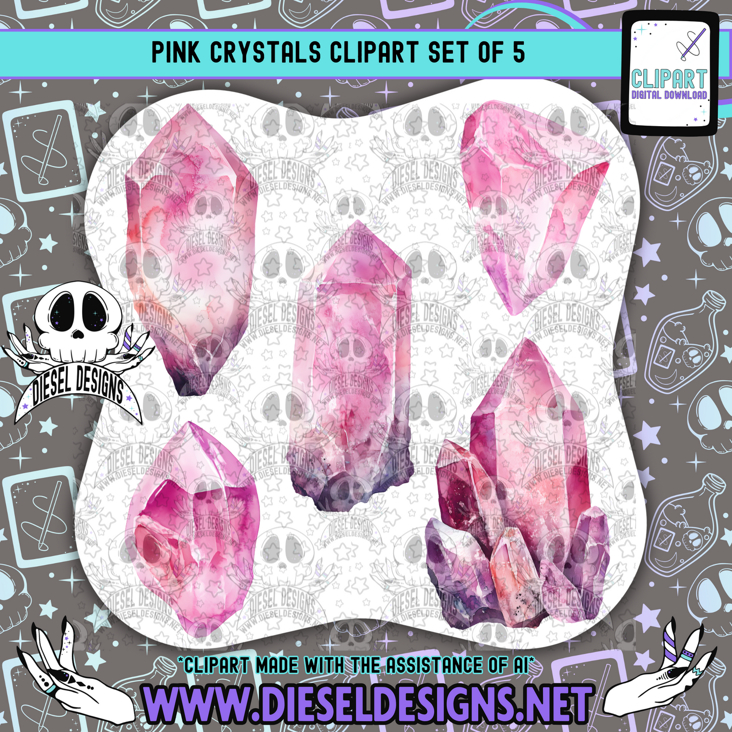 Pink Crystals Clipart & Elements Set of 5 | 300 DPI | Transparent PNG | Clipart & Elements |