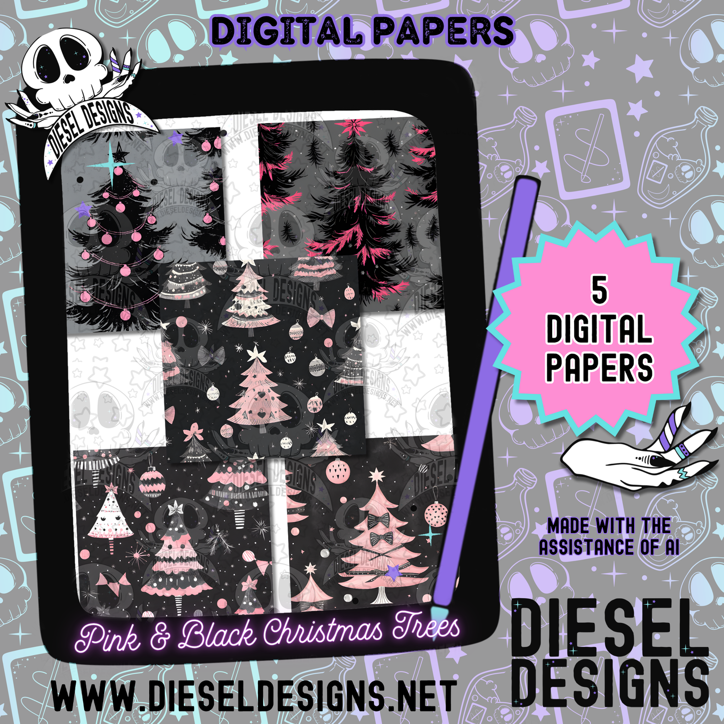 Pink And Black Christmas Trees Digital Papers Set | 300 DPI | Transparent PNG | Clipart & Elements | Digital Paper