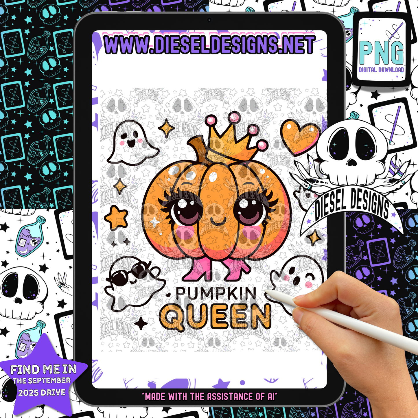 Pumpkin Queen — Sparkly Kawaii Halloween PNG for Shirts, Stickers & Tumblers (300 DPI Digital Download)