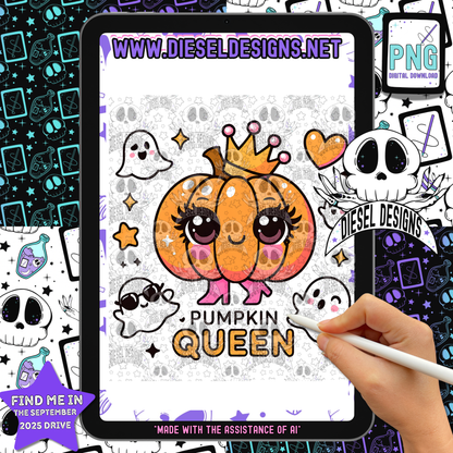 Pumpkin Queen — Sparkly Kawaii Halloween PNG for Shirts, Stickers & Tumblers (300 DPI Digital Download)