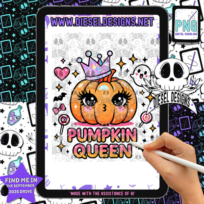 Pumpkin Queen — Kawaii Halloween PNG for Shirts, Stickers & Tumblers (300 DPI Digital Download)