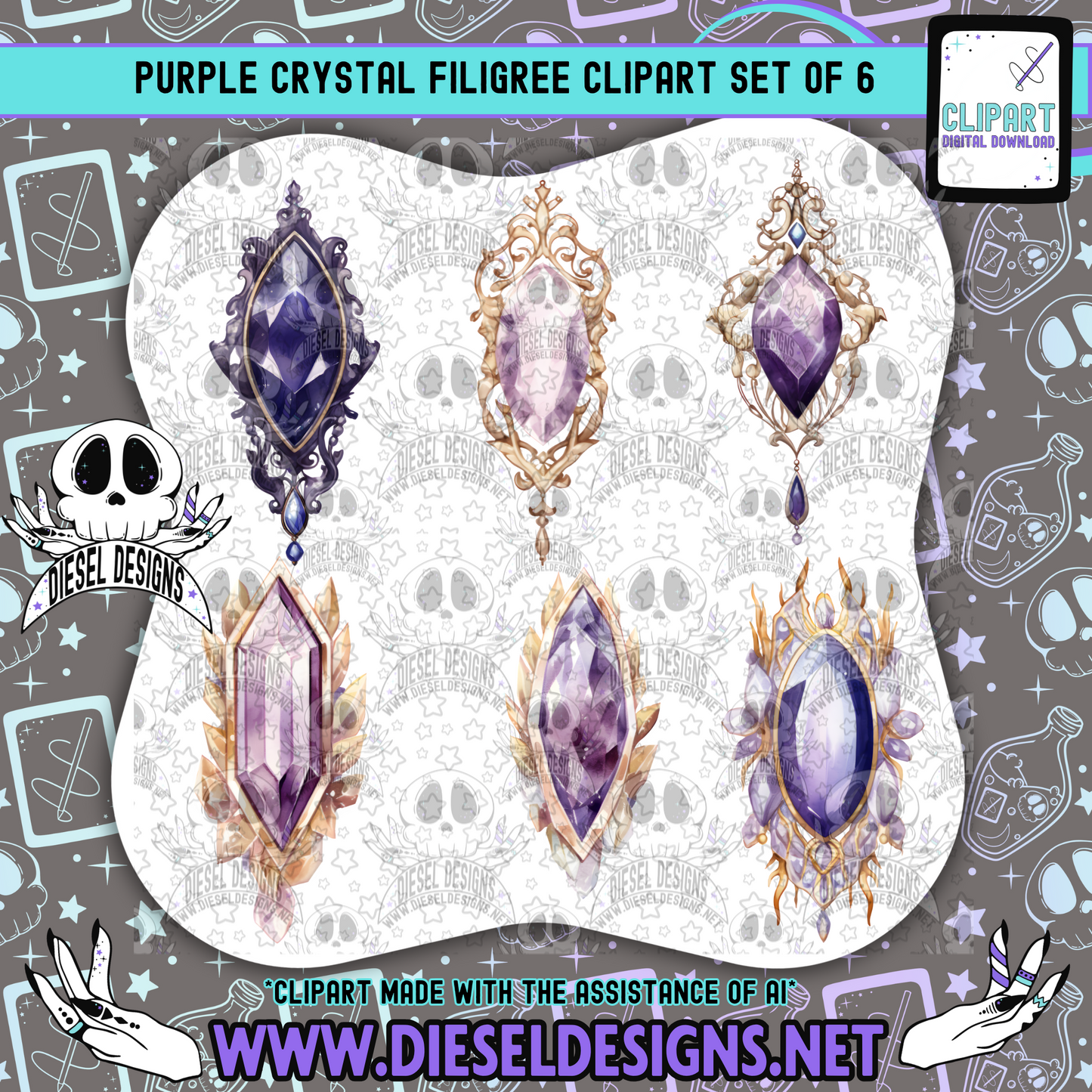 Purple Crystals Filigree Clipart & Elements Set of 6 | 300 DPI | Transparent PNG | Clipart & Elements |