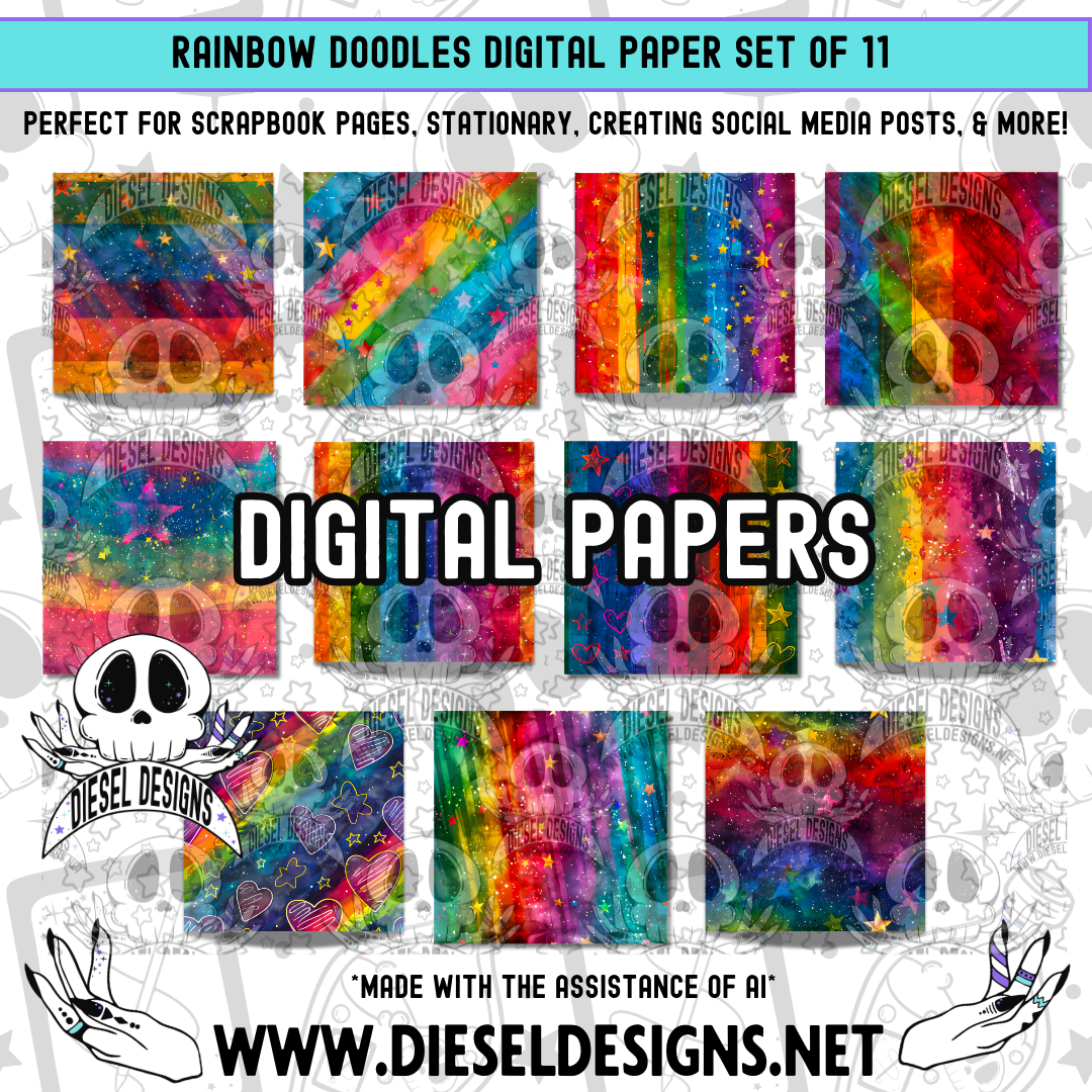 Rainbow Doodles Digital Papers Set | 300 DPI | Transparent PNG | Clipart & Elements | Digital Paper