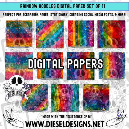 Rainbow Doodles Digital Papers Set | 300 DPI | Transparent PNG | Clipart & Elements | Digital Paper