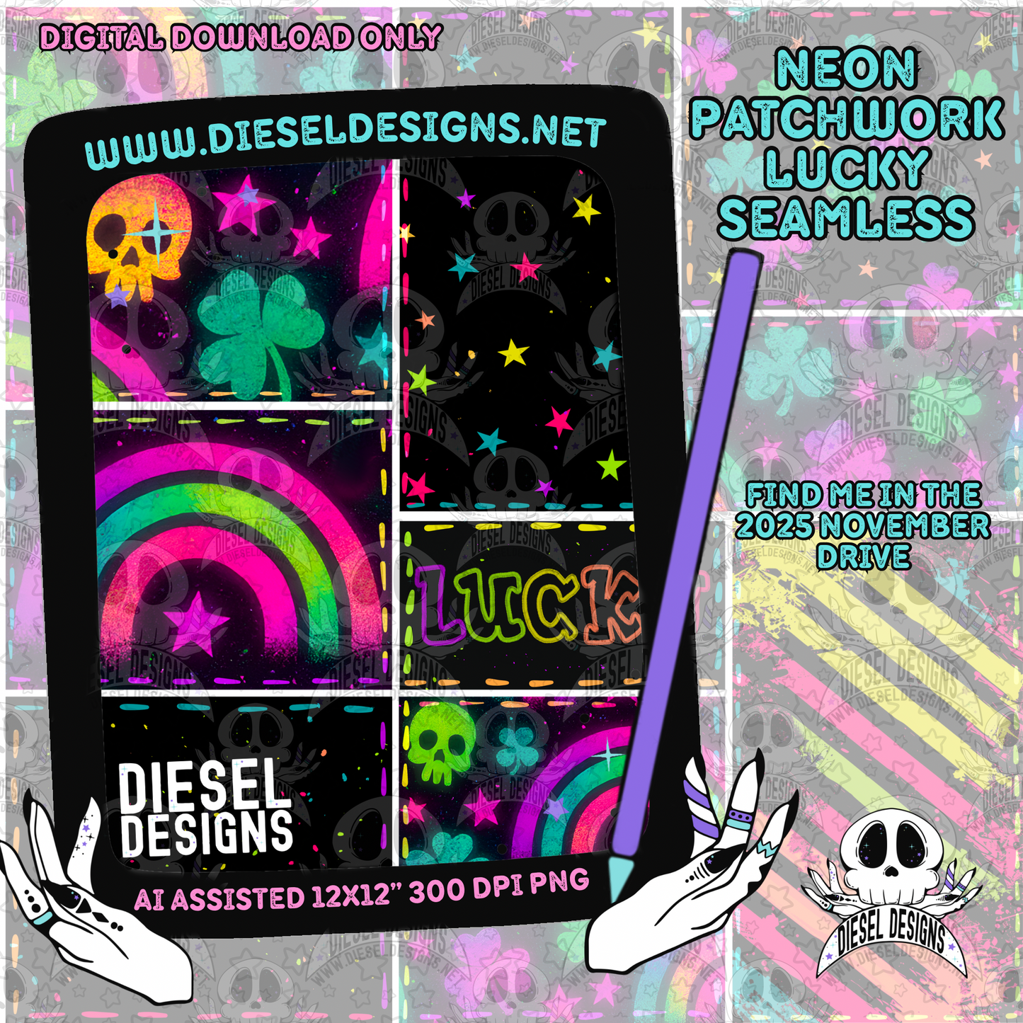 Neon Patchwork Lucky Seamless | Seamless File | 300 DPI | 12" x 12" | Digital File only