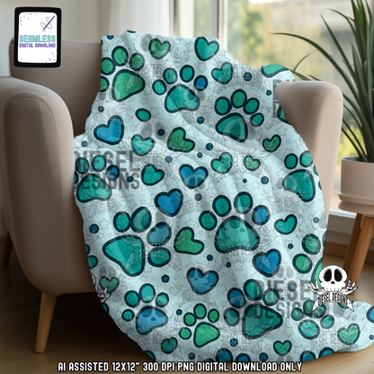 Blue And Green Paws Seamless | Seamless File | 300 DPI | 12" x 12" | Digital File only