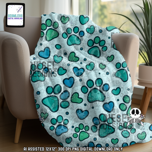 Blue And Green Paws Seamless | Seamless File | 300 DPI | 12" x 12" | Digital File only