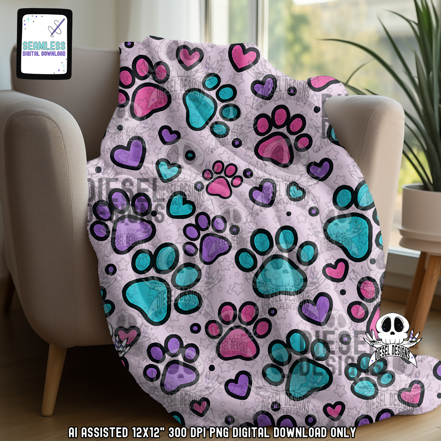 Pink Blue And Purple Paws Seamless | Seamless File | 300 DPI | 12" x 12" | Digital File only
