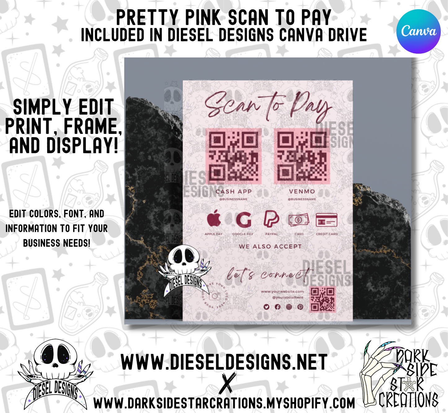 Pretty Pink Scan To Pay | Printable Files | Canva Editable graphics included | Scan to Pay |  Let's Connect