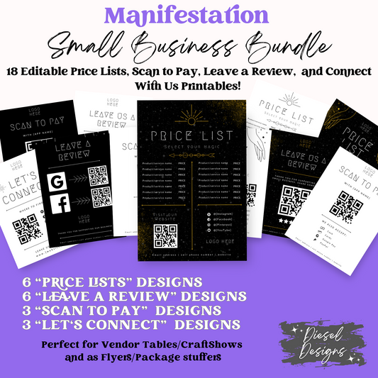 Manifestation Small Biz Kit | Printable Files | Canva Editable graphics included | Price List | Scan to Pay | Leave a Review | Let's Connect