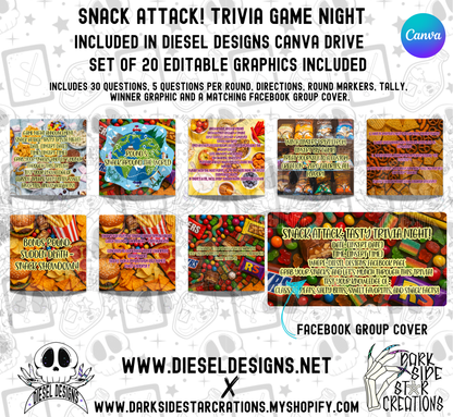 Snack Attack Trivia Game | Canva Template | Fully Editable | Facebook | Engagement