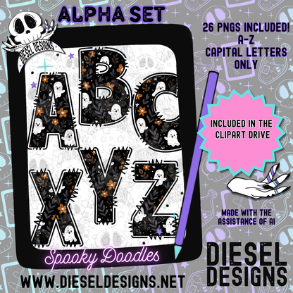 Spooky Doodles Alpha Set | 300 DPI | Transparent PNG | Alpha Set | A-Z Included | Uppercase