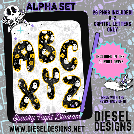 Spooky Night Blossom Alpha Set | 300 DPI | Transparent PNG | Alpha Set | A-Z Included | Uppercase