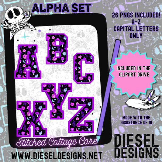 Stitched Cottage Core Alpha Set | 300 DPI | Transparent PNG | Alpha Set | A-Z Included | Uppercase