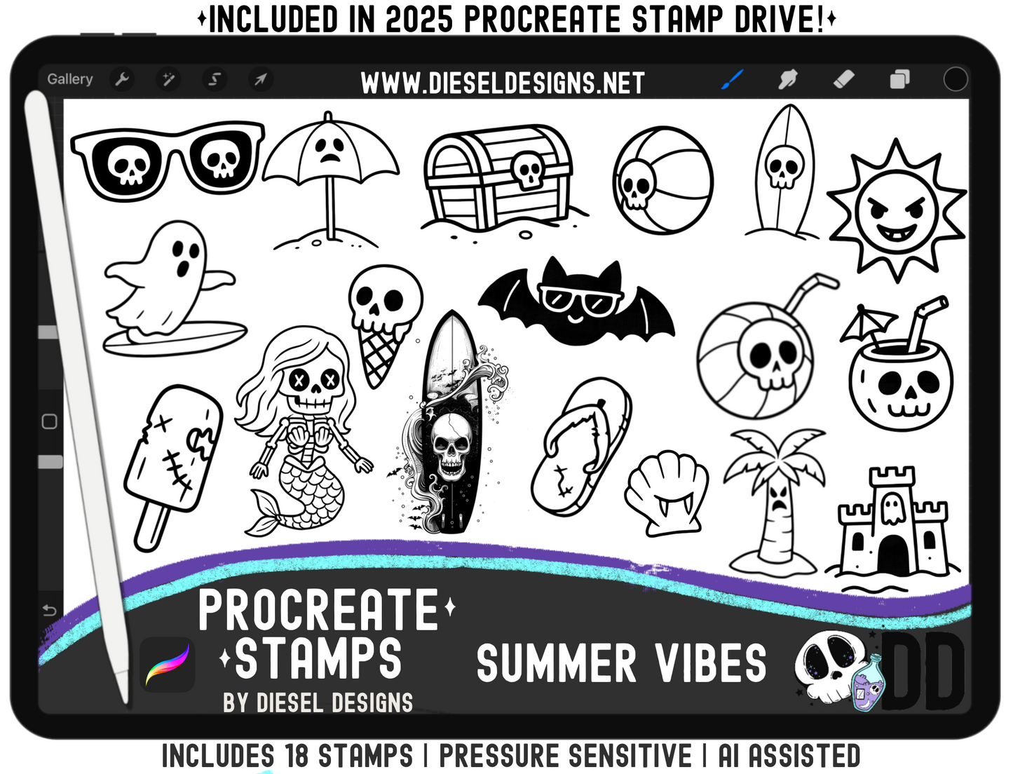 Procreate Stamps — Summer Vibes Spooky Beach Set (18 Pressure-Sensitive Brushes, .brushset)