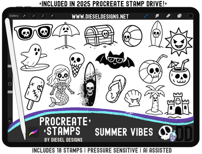 Procreate Stamps — Summer Vibes Spooky Beach Set (18 Pressure-Sensitive Brushes, .brushset)