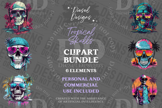 Tropical Skulls AI assisted Clipart Bundle | 300 DPI | Transparent PNG | Clipart | Bundle