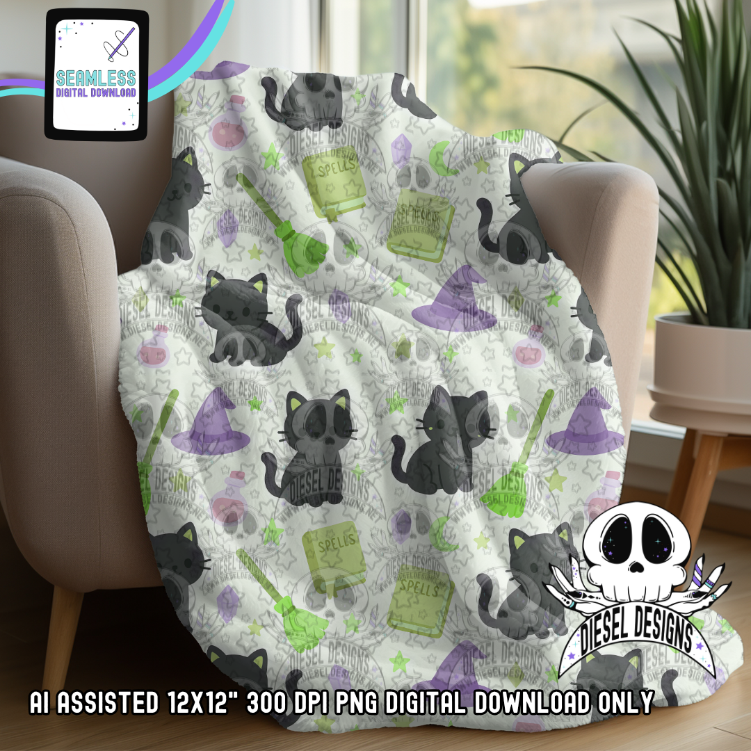 Witchy Cat V.2 Seamless | Seamless File | 300 DPI | 12" x 12" | Digital File only