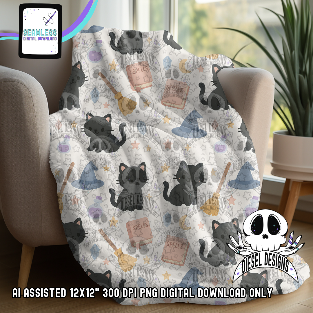 Witchy Cat V.1 Seamless | Seamless File | 300 DPI | 12" x 12" | Digital File only