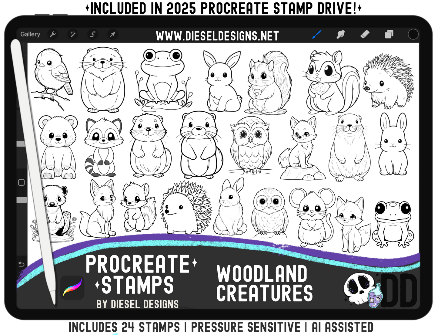 Woodland Creatures Procreate Stamp Set — 24 Pressure‑Sensitive Animal Stamps for Cute Nature Art (iPad + Apple Pencil)
