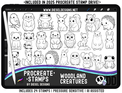 Woodland Creatures Procreate Stamp Set — 24 Pressure‑Sensitive Animal Stamps for Cute Nature Art (iPad + Apple Pencil)