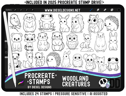 Woodland Creatures Procreate Stamp Set — 24 Pressure‑Sensitive Animal Stamps for Cute Nature Art (iPad + Apple Pencil)