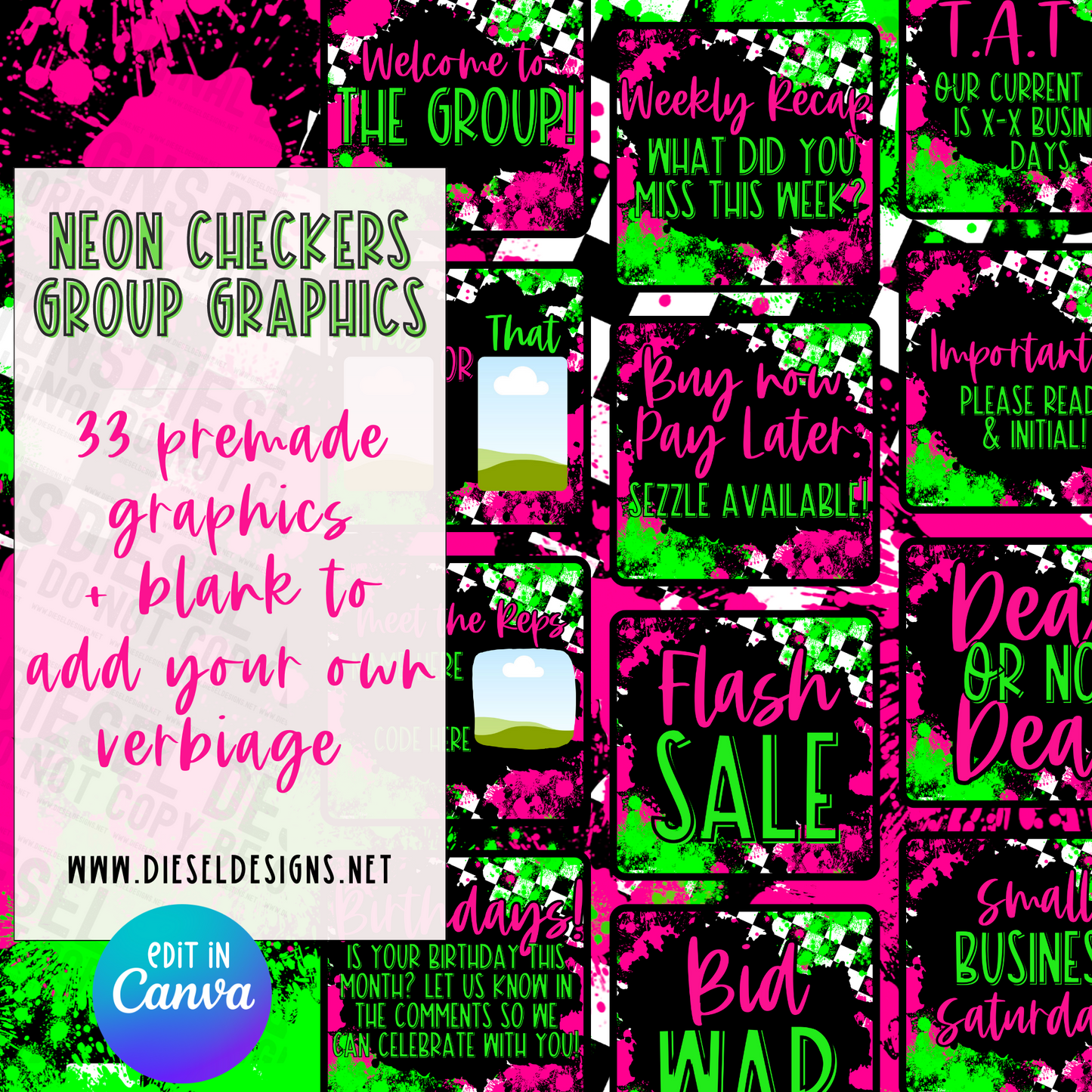 Neon Checkers | Facebook Group Graphics | Editable CANVA | 34 Files
