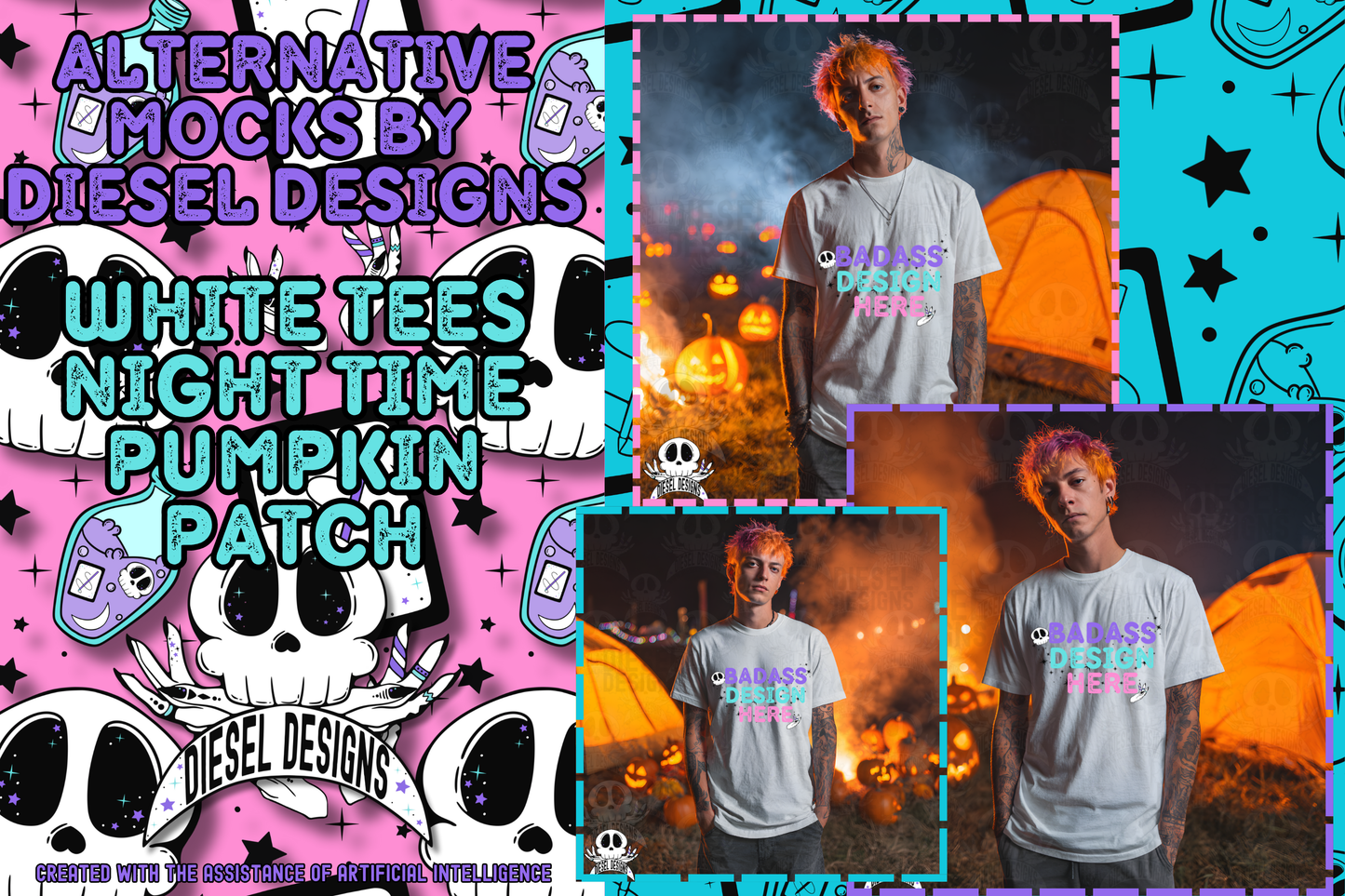 Night Time Pumpkin Patch White Tshirt AI Assisted Mock UP Set of 3 | PNG |
