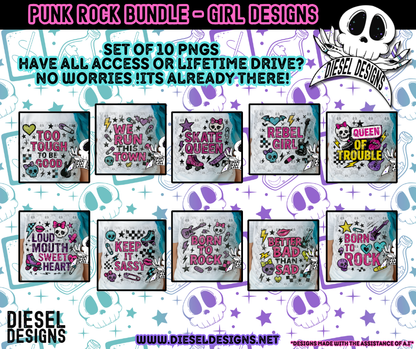 Punk Rock Bundle- Girl Designs  | 300 DPI | Transparent PNG | Digital File Only | Bundle