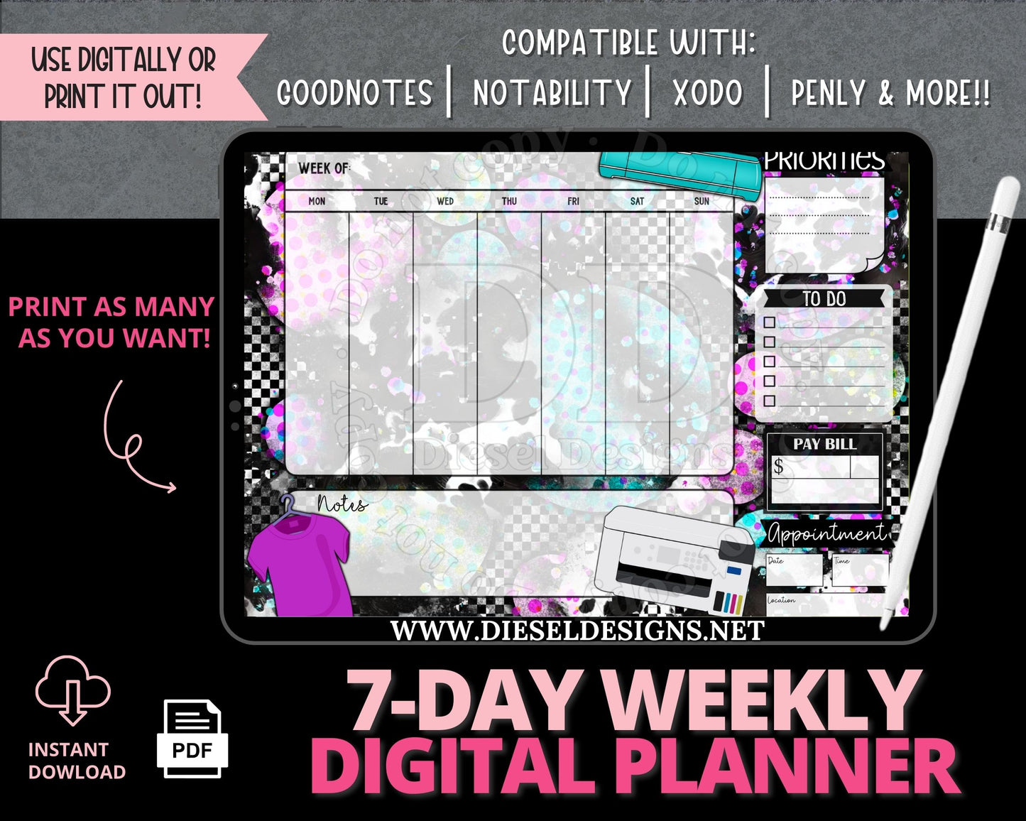 Weekly Planner 1 | 7-Day Digital Planner | 300 DPI | PNG & PDF included
