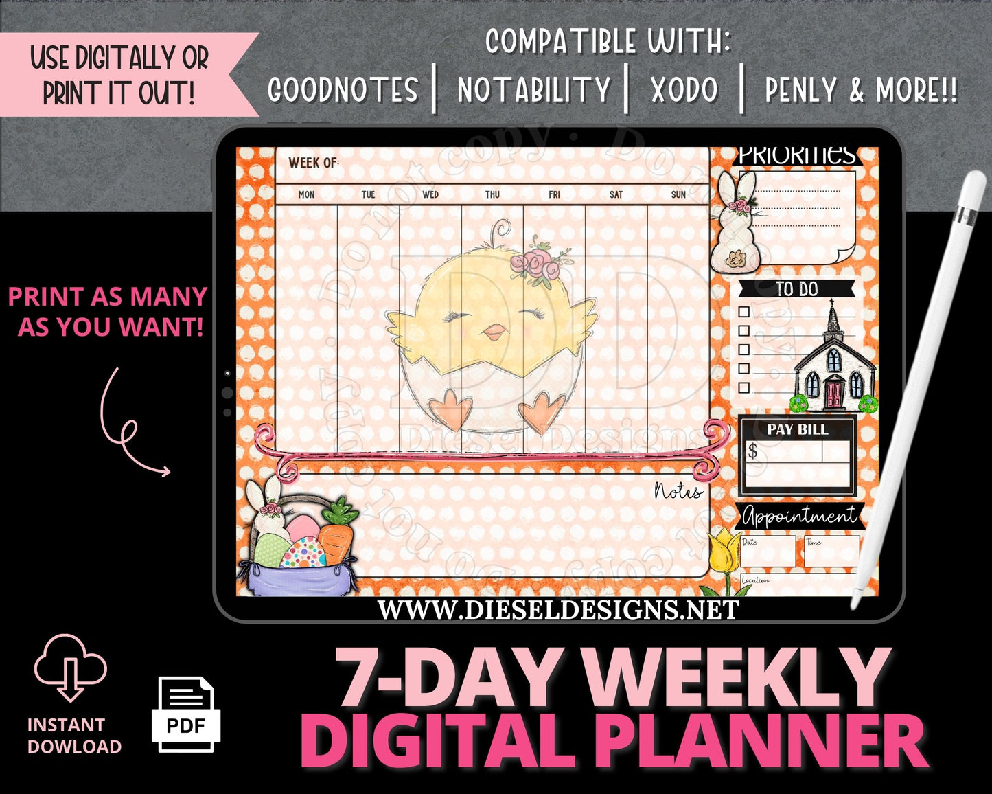 Weekly Planner 4 | 7-Day Digital Planner | 300 DPI | PNG & PDF included