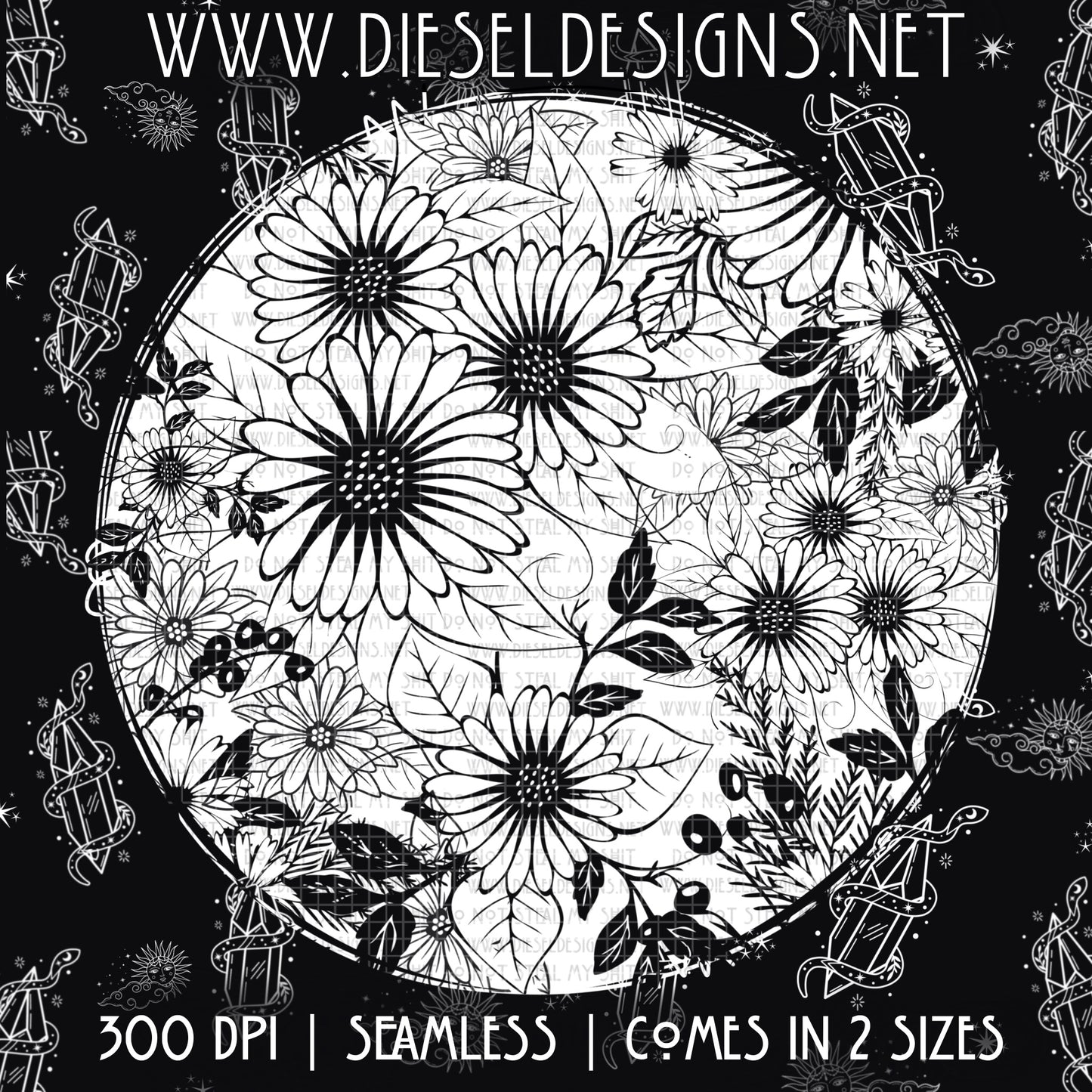 Floral Black & White  | 300 DPI | Seamless 12"x12" | 2 sizes Included