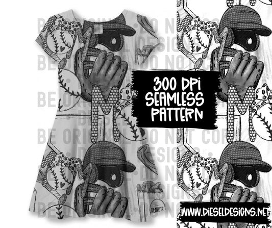 Baseball BW Mom | 300 DPI | Seamless 12"x12" | PNG File
