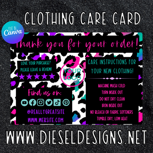 Bright Leopard | CLOTHING Care Card | Editable in CANVA