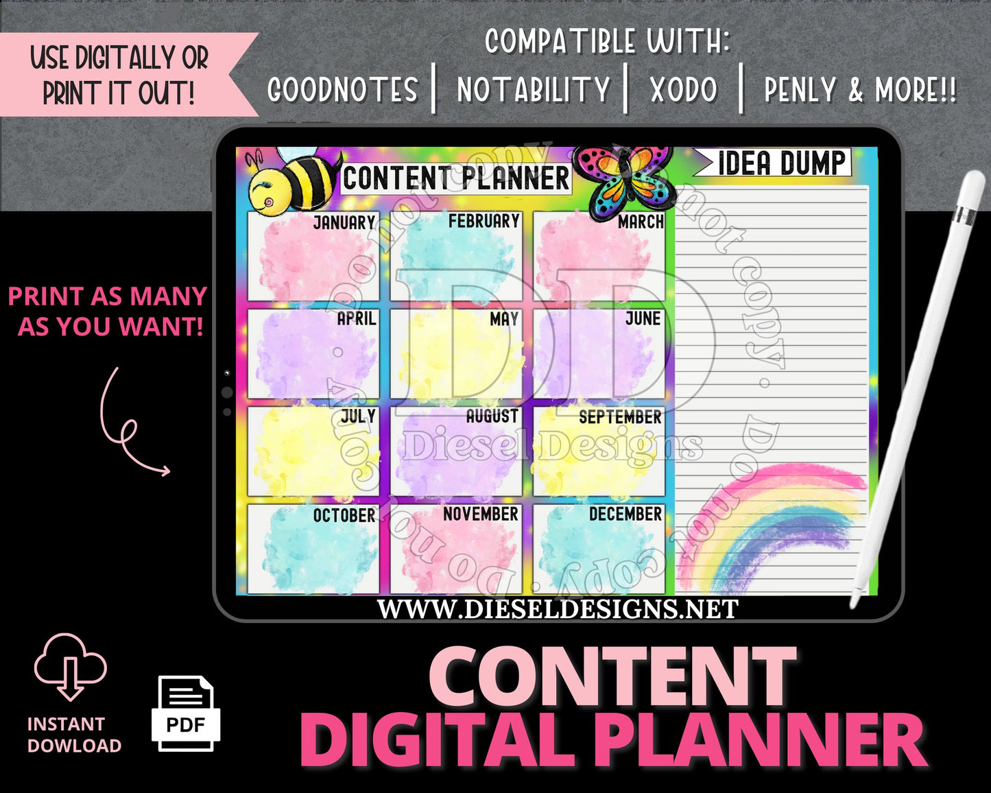 Bright Spring | 12-month Content Planner | 300 DPI | PNG & PDF included