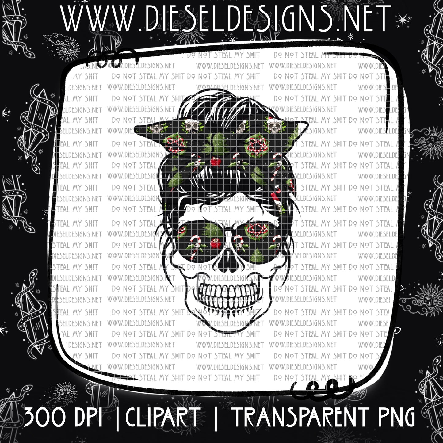 Christmas V.2 Skull Mom Bun | 300 DPI | Transparent PNG | Clipart |
