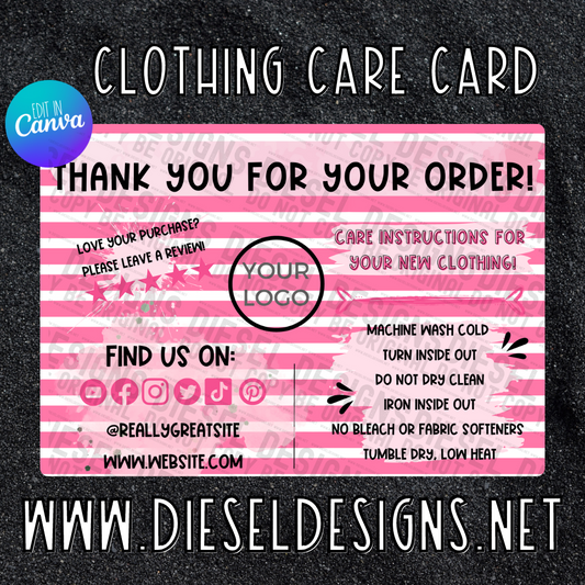 Pink Stripes | CLOTHING Care Card | Editable in CANVA