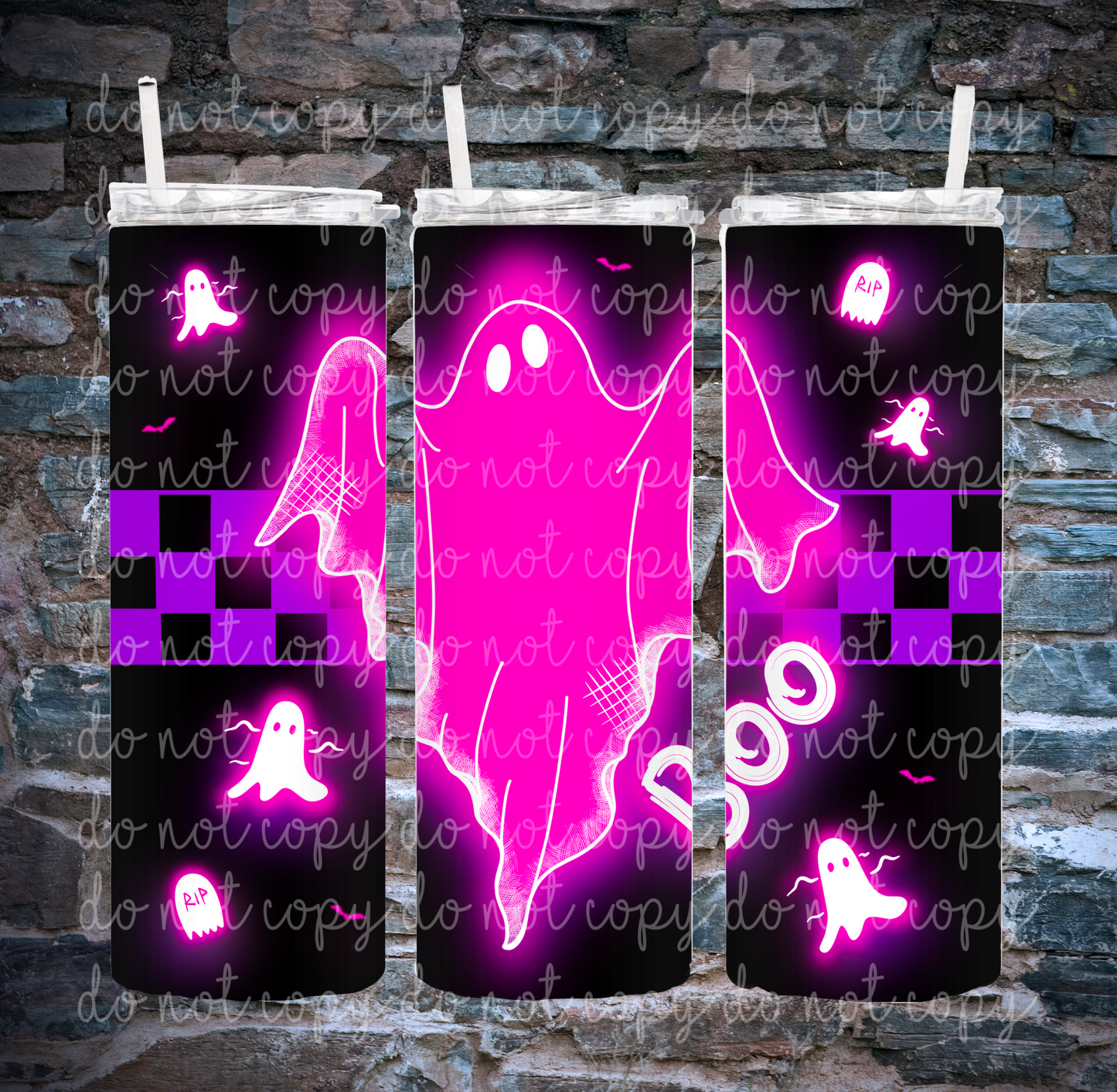 Pink and purple checkered glowing ghost | 300 DPI | 20 oz Skinny Tumbler Wrap
