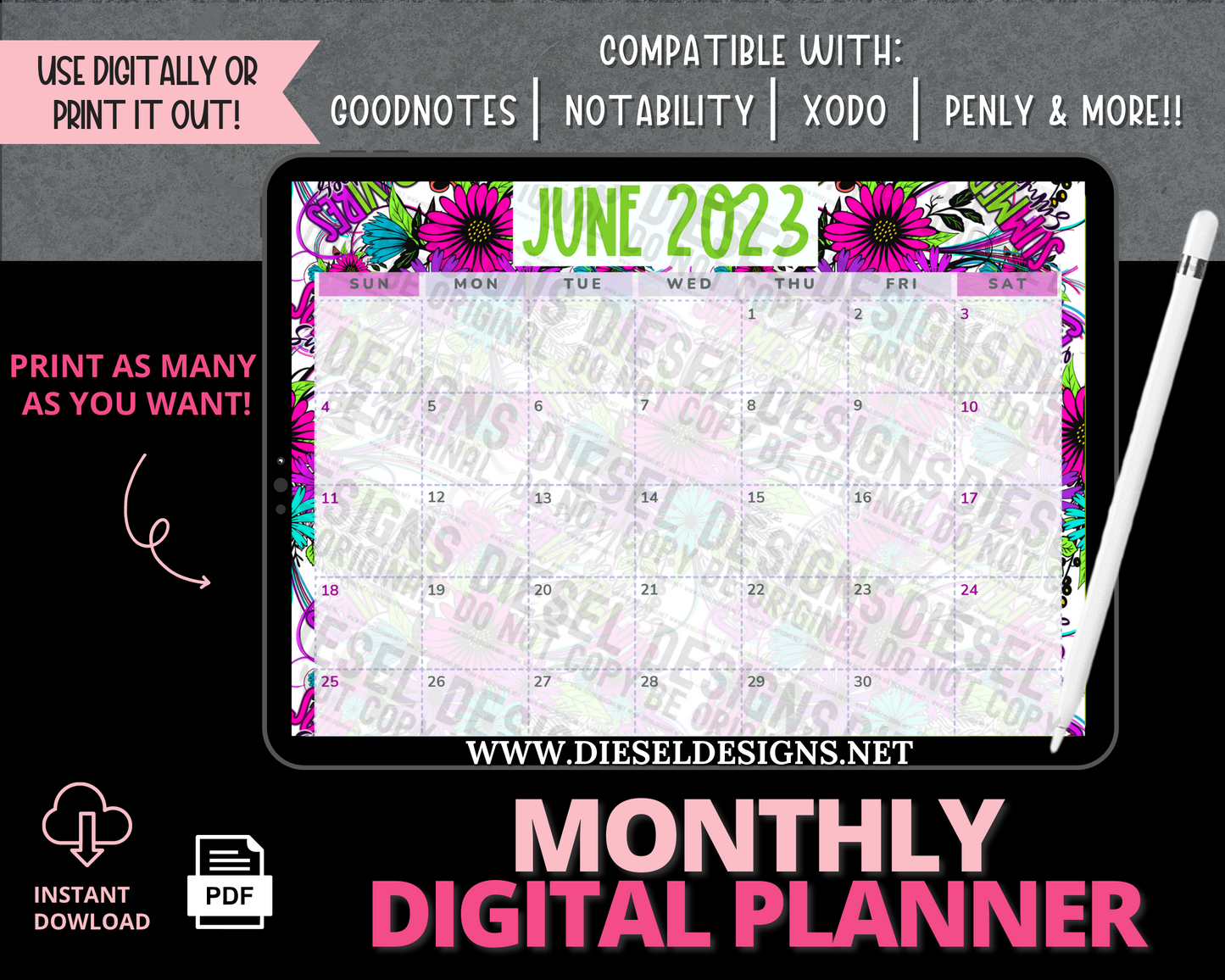 June 2023 - Summer Vibes | Monthly Digital Planner | 300 DPI