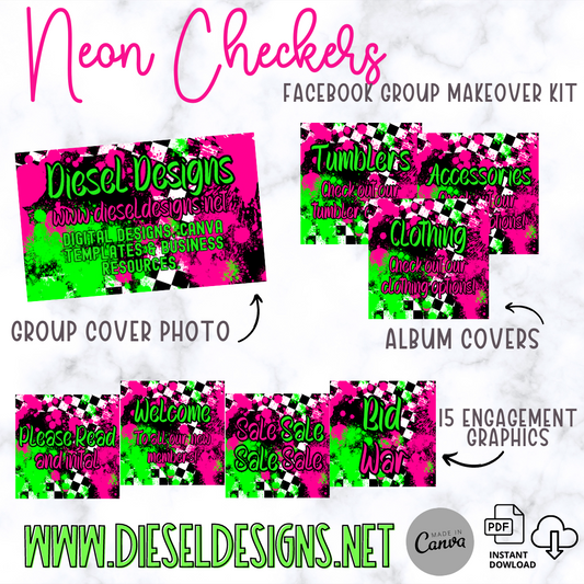 Neon Checkers | Facebook Group Kits | Editable graphics included |
