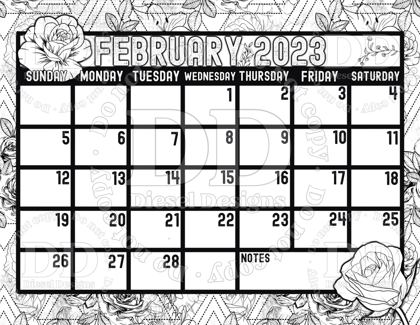 February: Roses B&W | Monthly Digital Planner | 300 DPI | PNG & PDF included