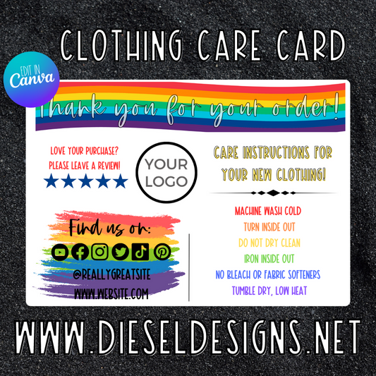 Pride | CLOTHING Care Card | Editable in CANVA
