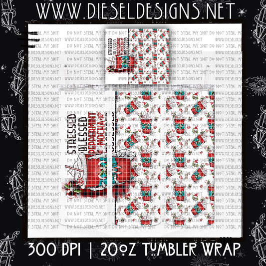 Stressed, Blessed Peppermint Mocha Tumbler Wrap | 300 DPI | PNG |